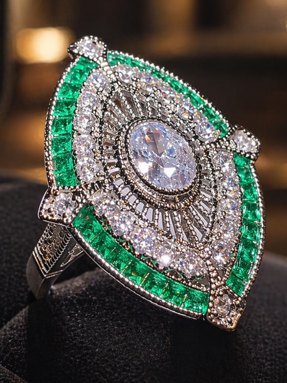 Luxury Elegant Green and Silver Marquise Cocktail Ring